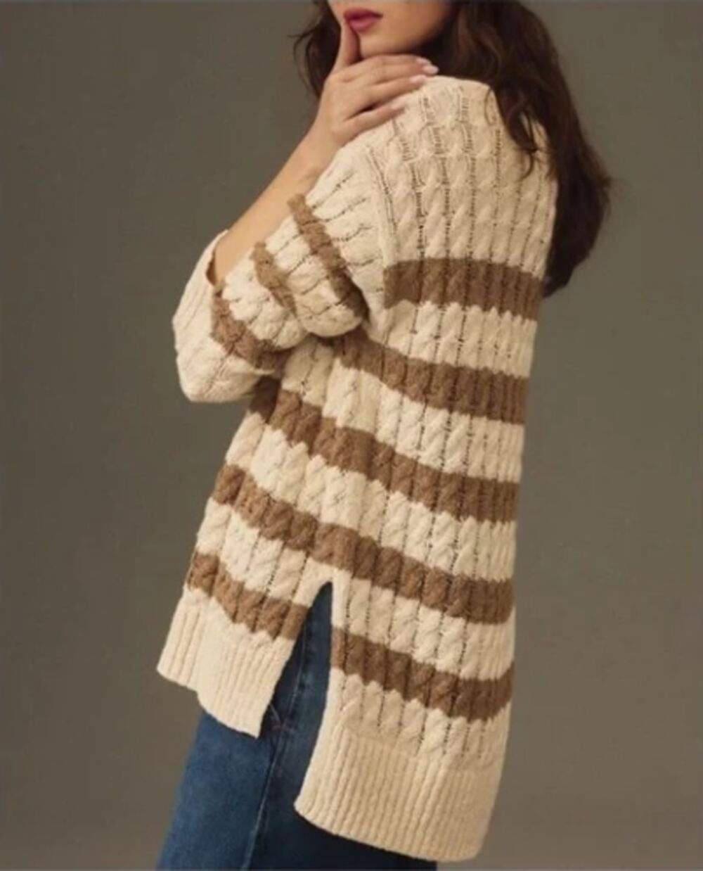 Anthropologie Pilcro Longline Stitch Sweater Brown Ivory Stripe Large